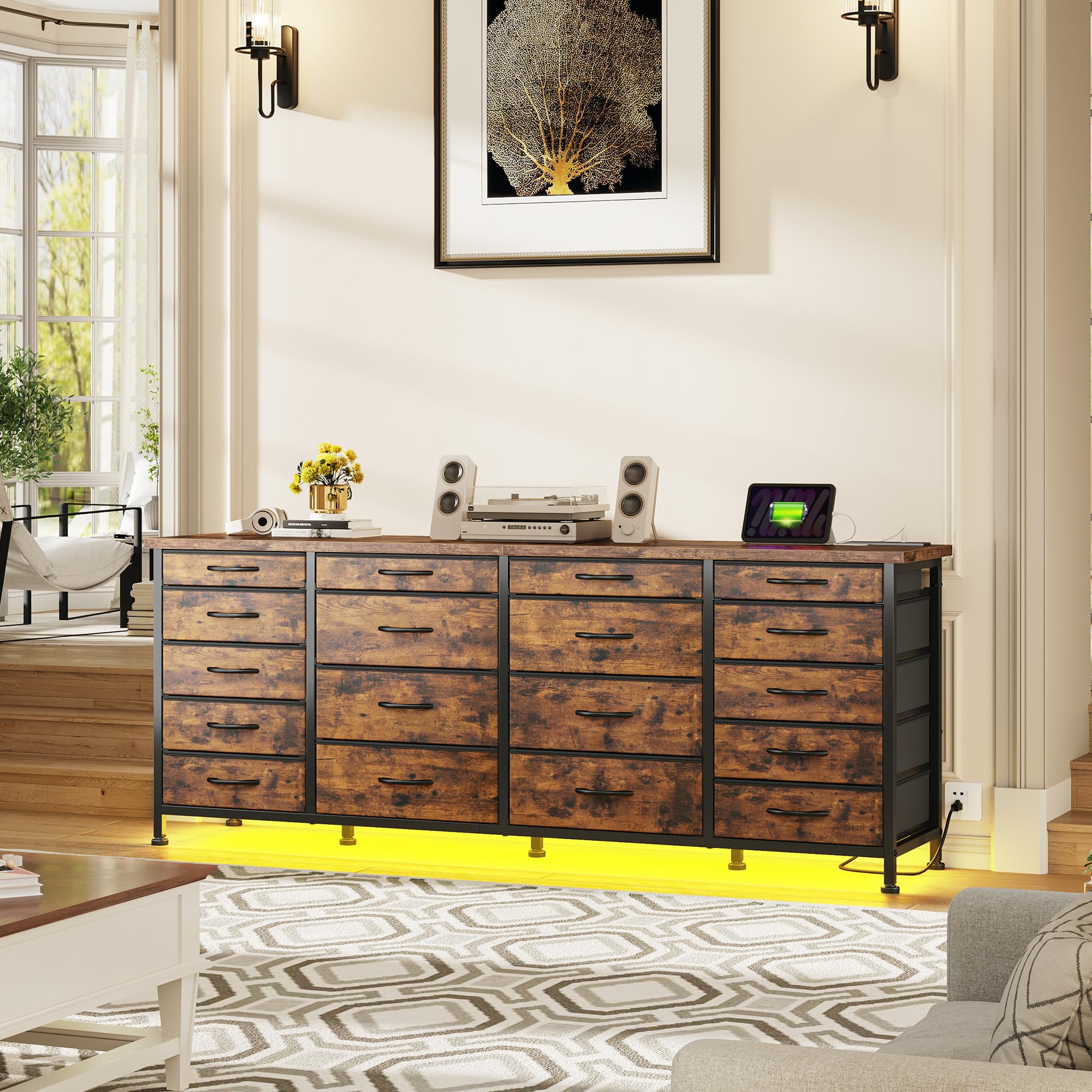 63"W TV Stand for Bedroom with LED Light & Power Outlets, Long Dresser with 18 Deep Drawers for 65 70 75 inch TV, Fabric Dresser TV Stands for Living Room Entryway Hallway Closet, Rustic Brown