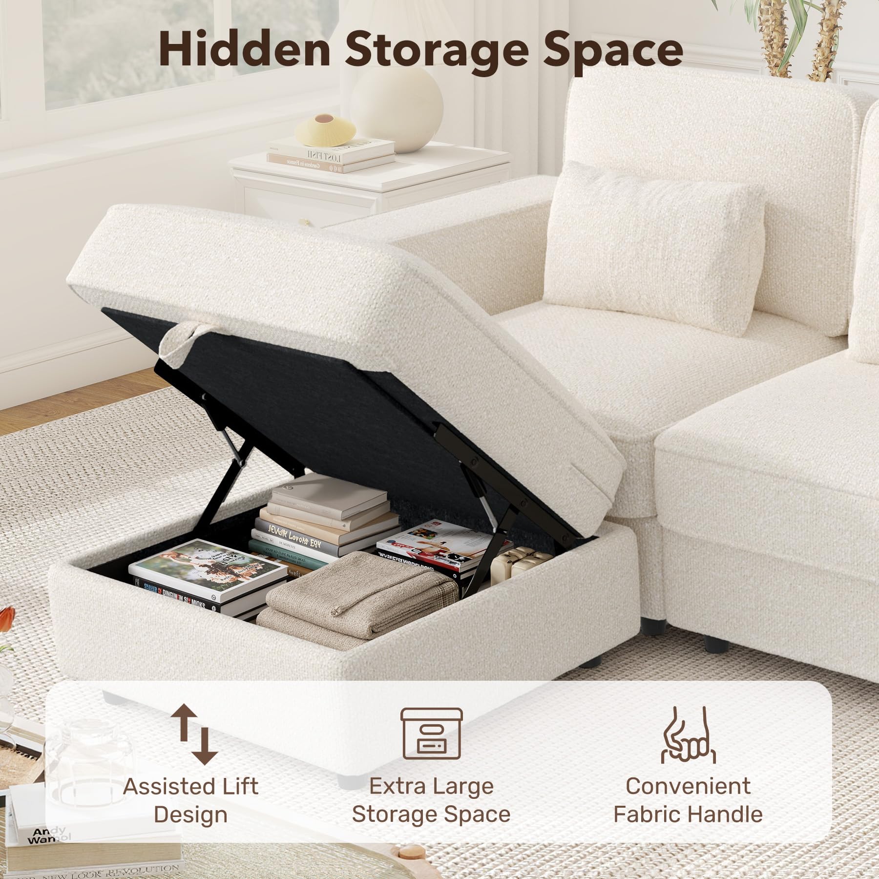 102" L Shaped Modular Sectional Sofa, Oversized 3-Seater Convertible Cloud Couch, Modern Chenille Sectional Couches for Living Room, Cream White 1 PCS