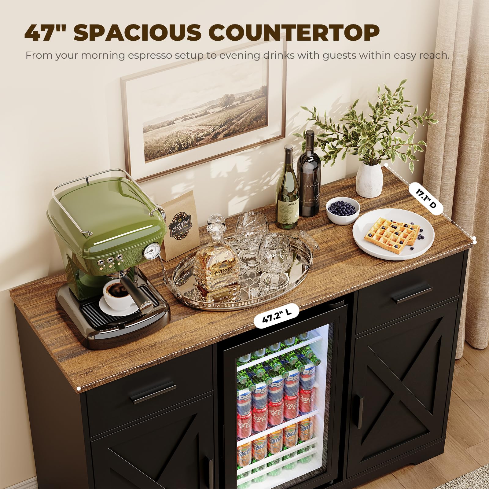 Aauro Home Large Coffee Bar Cabinet with Fridge (Fridge Included), 47'' Farmhouse Bar Cabinet with Wine Storage, Buffet Sideboard Table Station with 2 Drawers & Large Countertop for Home, Black