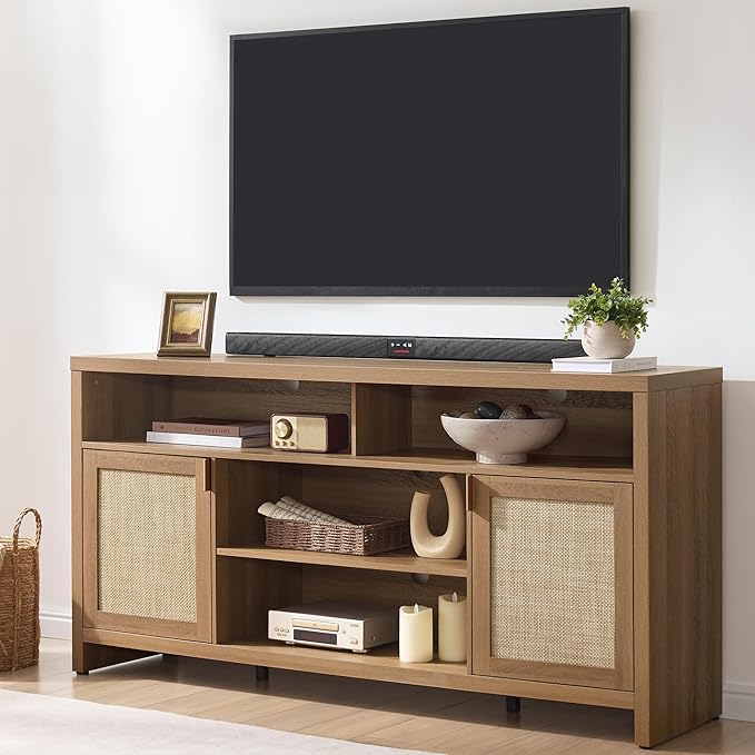 63" Rattan TV Stand with Storage & Doors