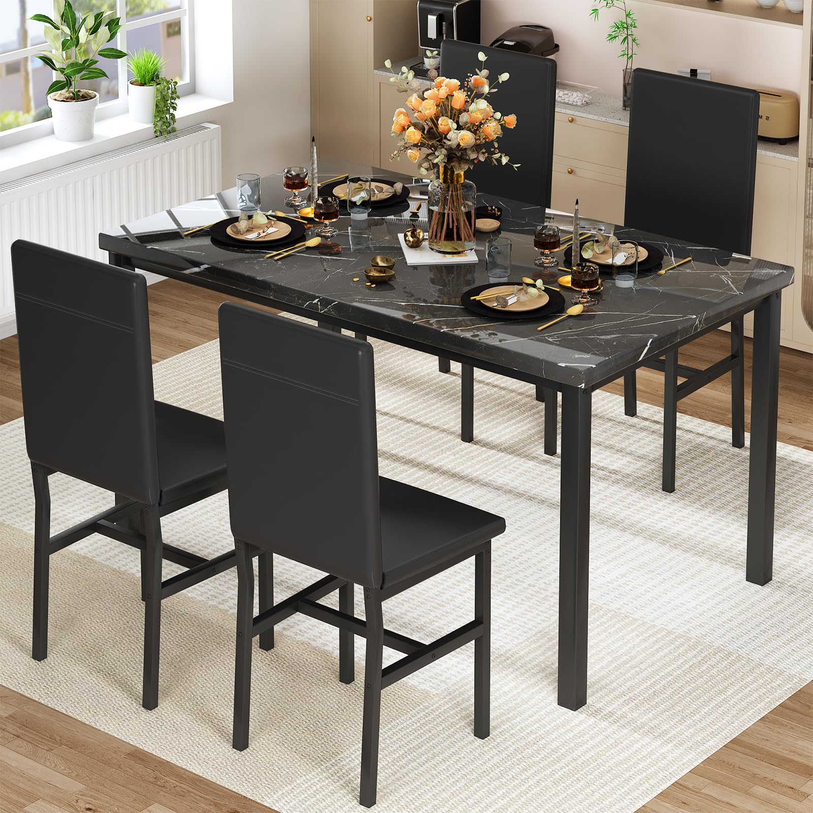 5-Piece Faux Marble Dining Table Set with PU Leather Chairs