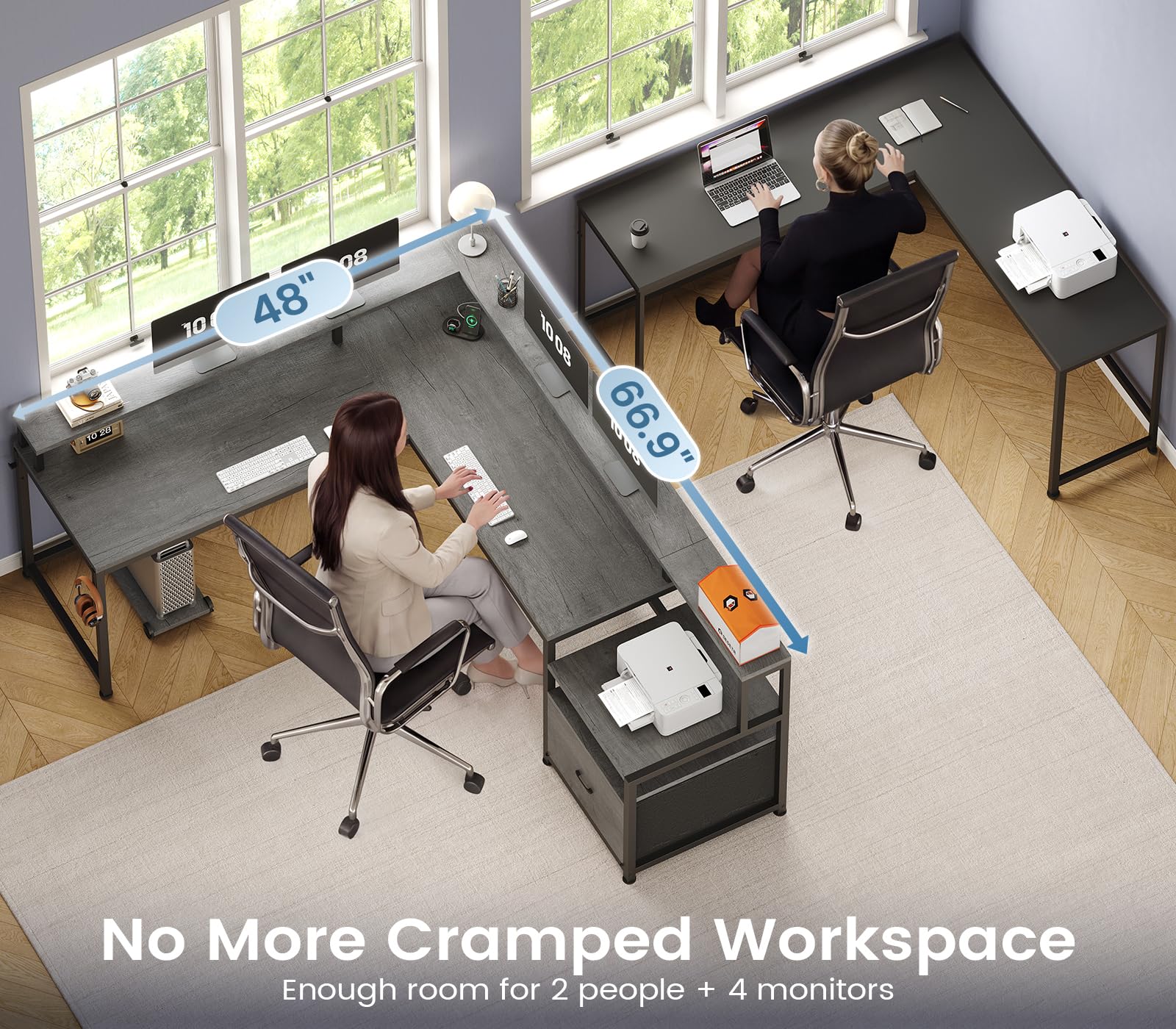 SEDETA L Shaped Desk, 66" Home Office Desk with File Drawer & Power Outlet, Gaming Desk with Led Lights, Corner Computer Desk with Monitor Shelf, Printer Storage Shelves, Two Person Desk, Grey