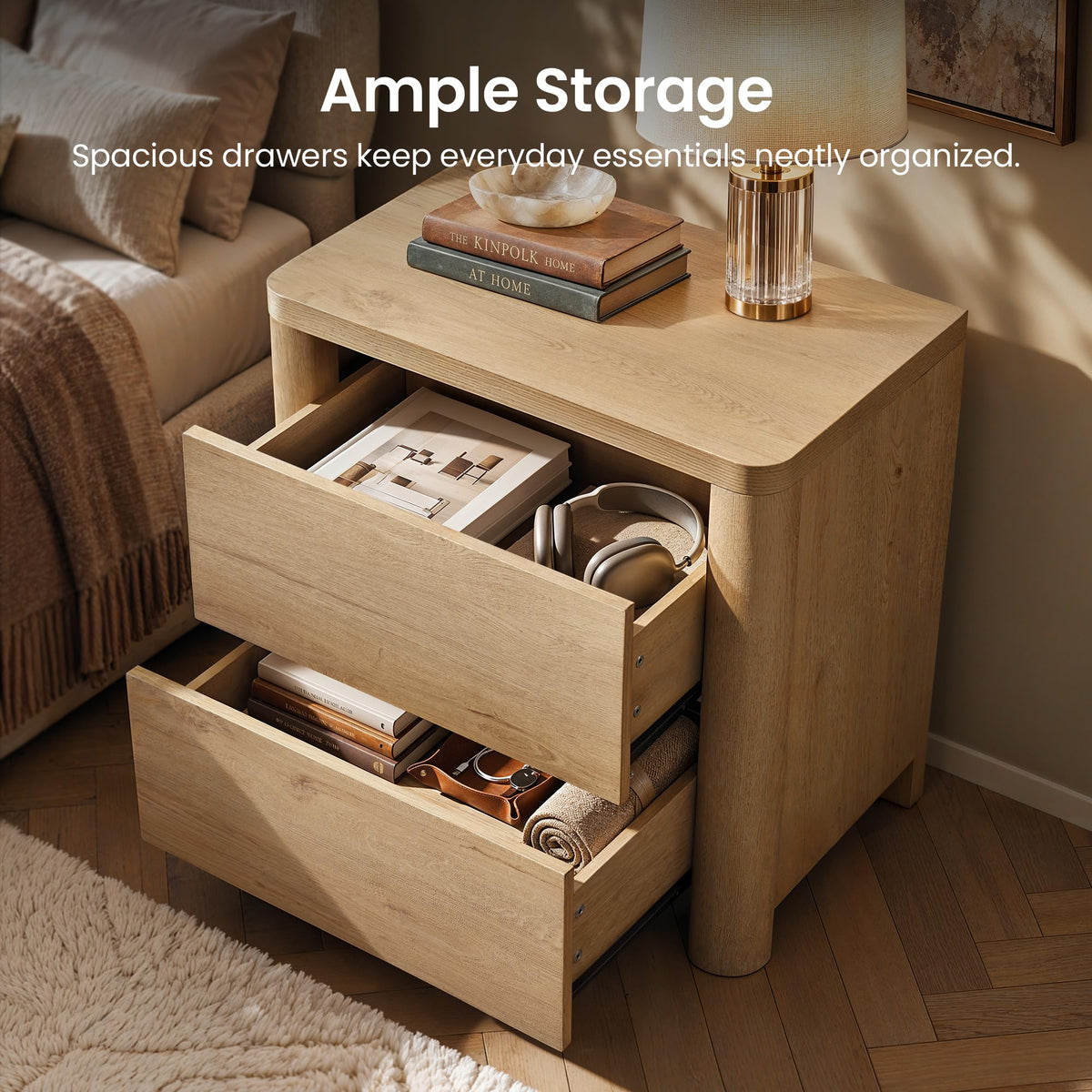 ModernMate Nightstands Set of 2, 26" Night Stand with 2 Drawers, Large Bedside Table with Thick Top, Stable Round Legs, Wood Nightstand for Bedroom Living Room End Bed Side Tables,Natural Oak