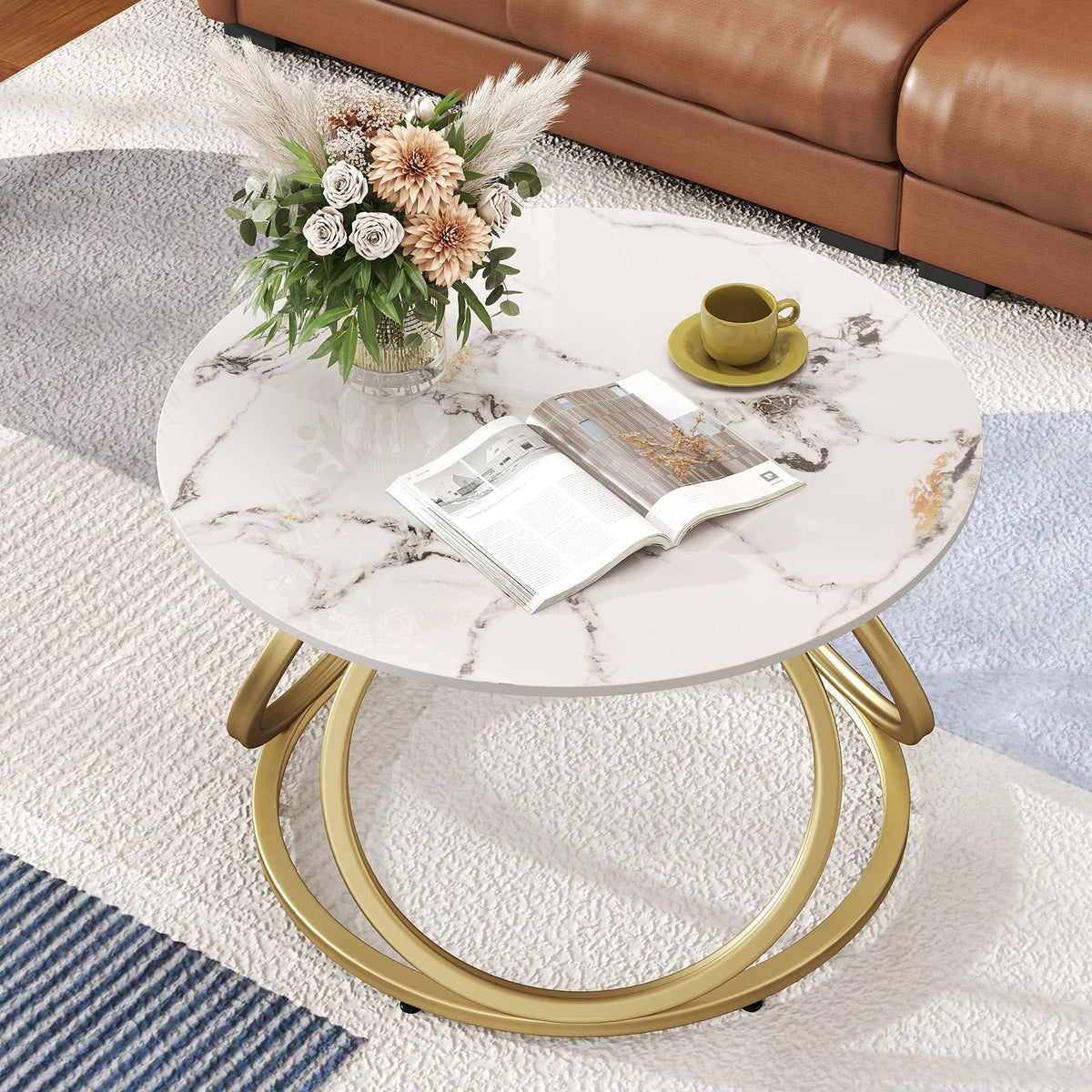 Round Gold Marble-Look Coffee Table