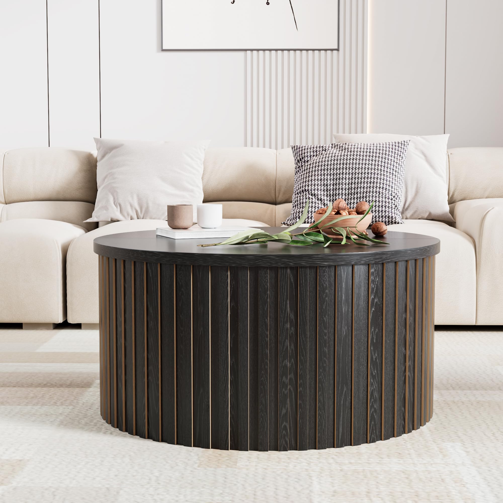 Limaoaio Fluted Lift Top Coffee Table with Storage, 31.5'' Farmhouse Round Coffee Tables for Living Room, Modern Wood Center Tables with Hidden Compartment for Home, Office (Black)