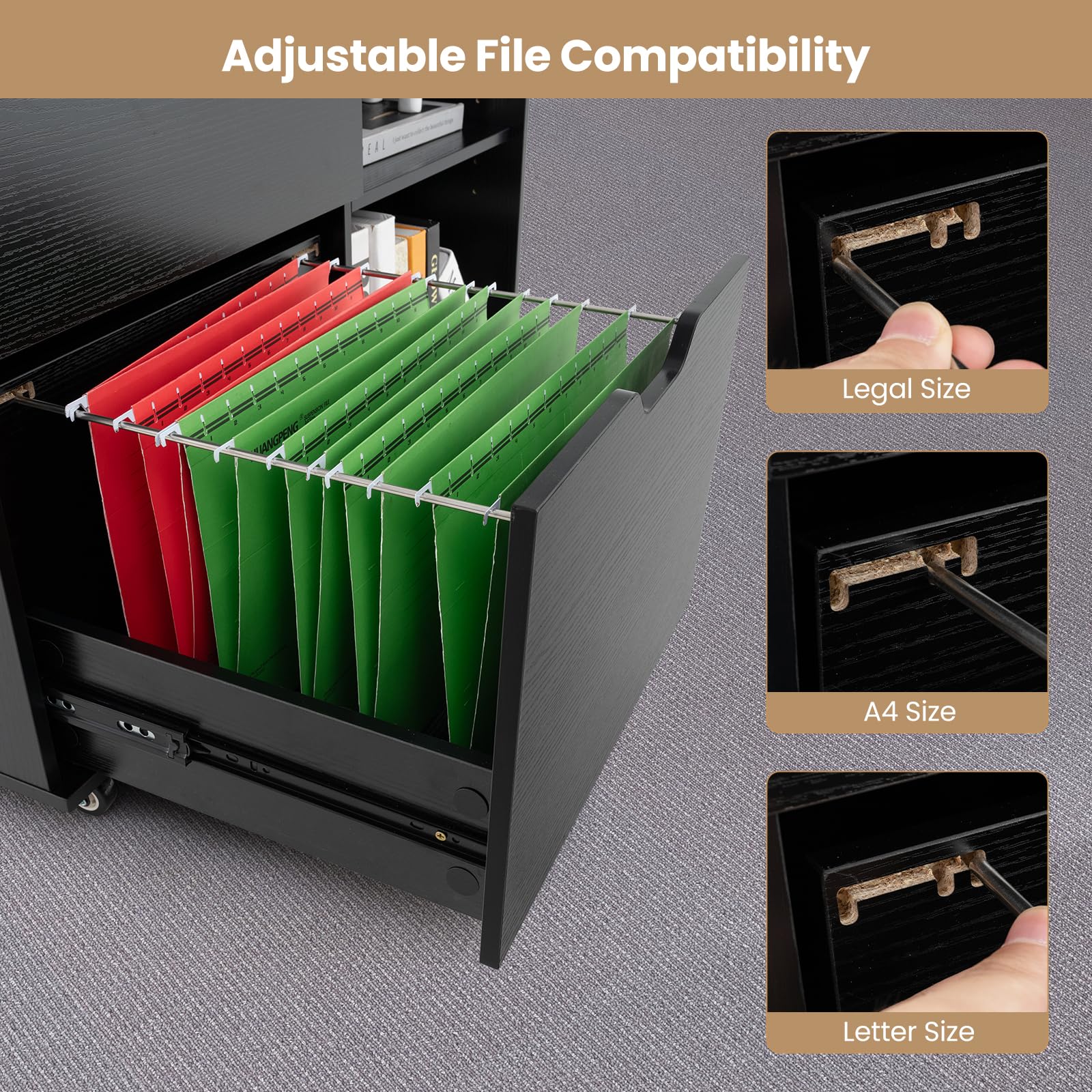 3-Drawer Rolling File Cabinet with Adjustable Shelf