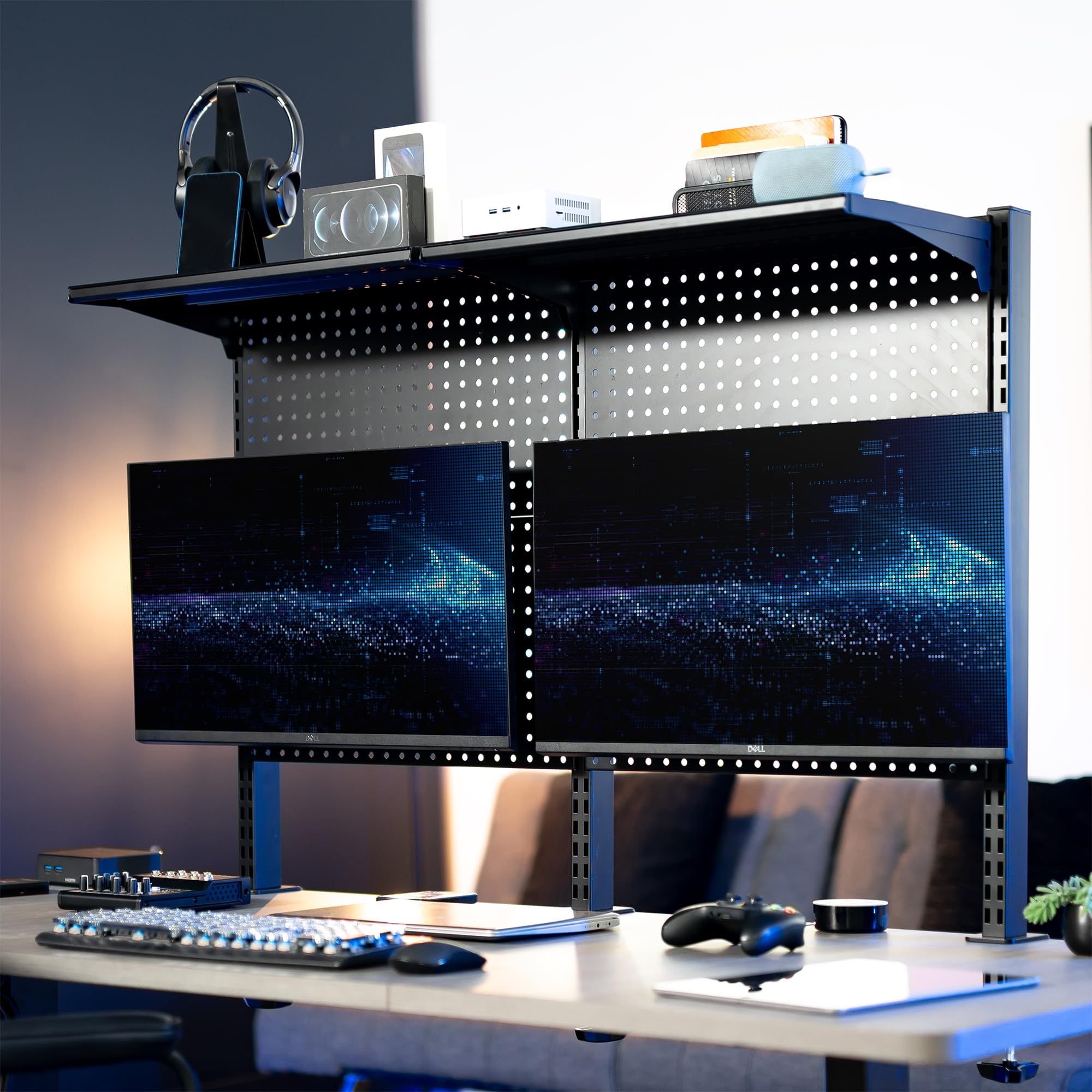 Desk Pegboard System with Dual Monitor Mounts & Storage Shelf