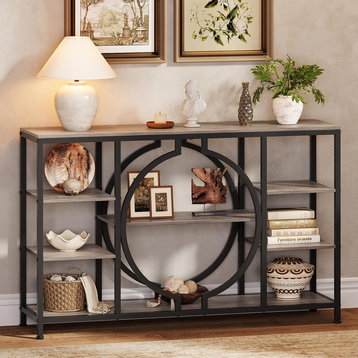 GiftGo 47" Industrial Console Tables for Entryway Rustic Sofa Table Behind Couch 4 Tier Wooden Shelves Entry Table with Storage for Foyer, Hallway, Front Door,Living Room (Retro Grey, 47")