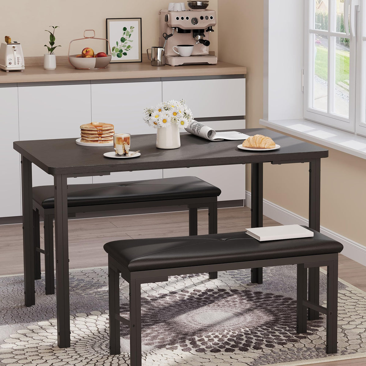 Garvee 3-Piece Dining Table, Small Kitchen Table with 2 Upholstered Benches