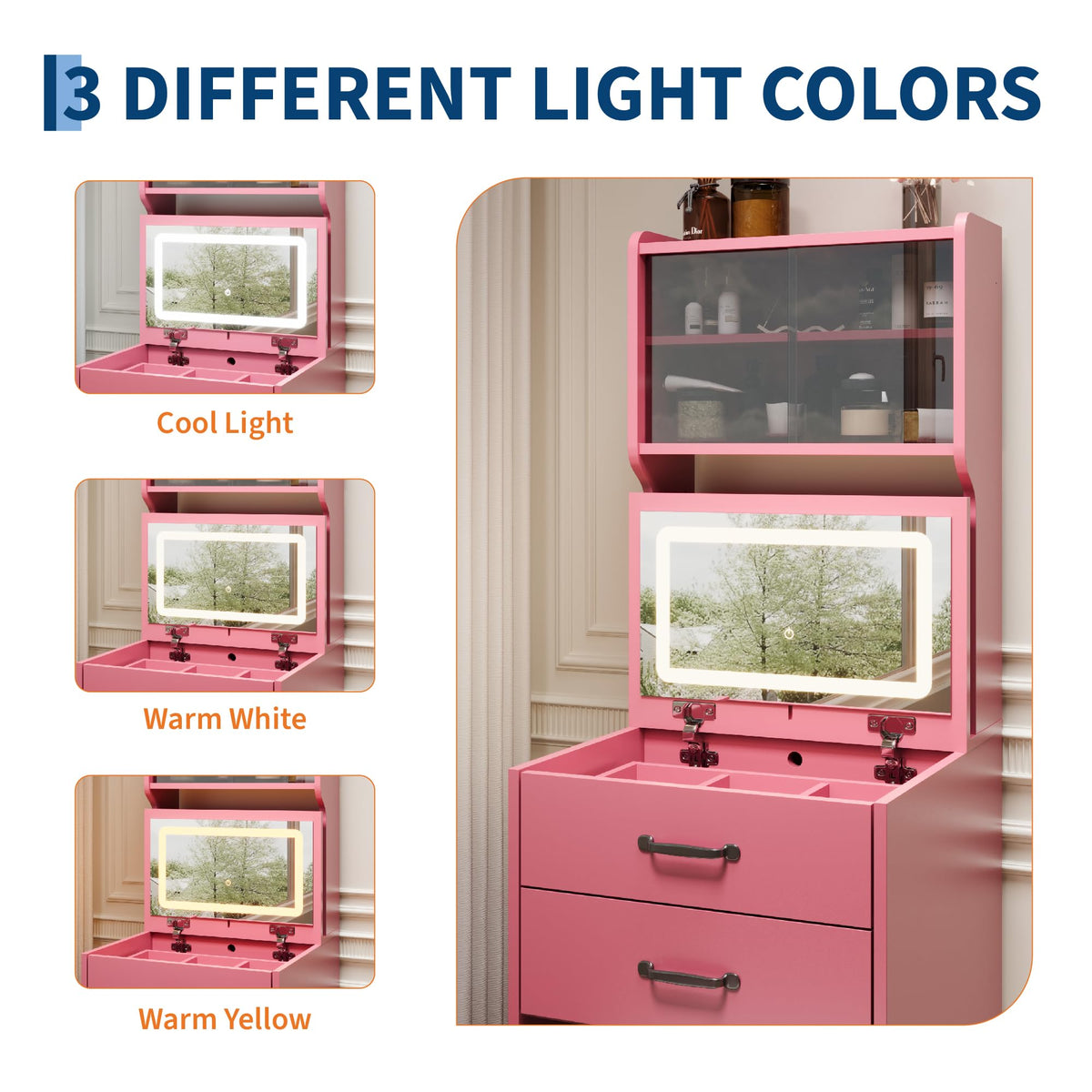 Pink Vanity Desk with LED Mirror