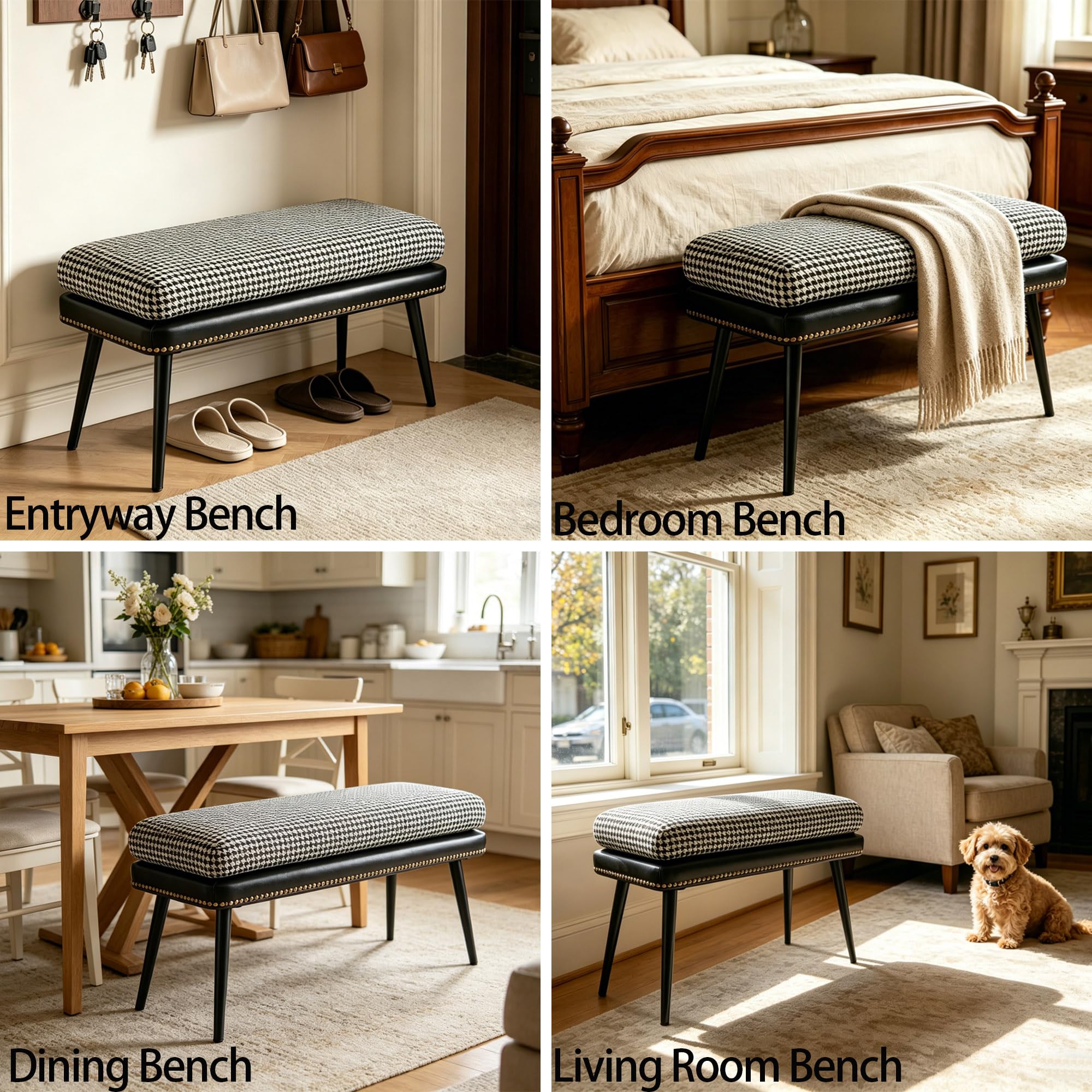 Forteek 32" Retro Upholstered Entryway Bench, Leather & Fabric Shoe Bench with Removable Cushion, End of Bed Bench for Bedroom, Small Dining Bench for Living Room, Storage Bench for Hallway & Foyer