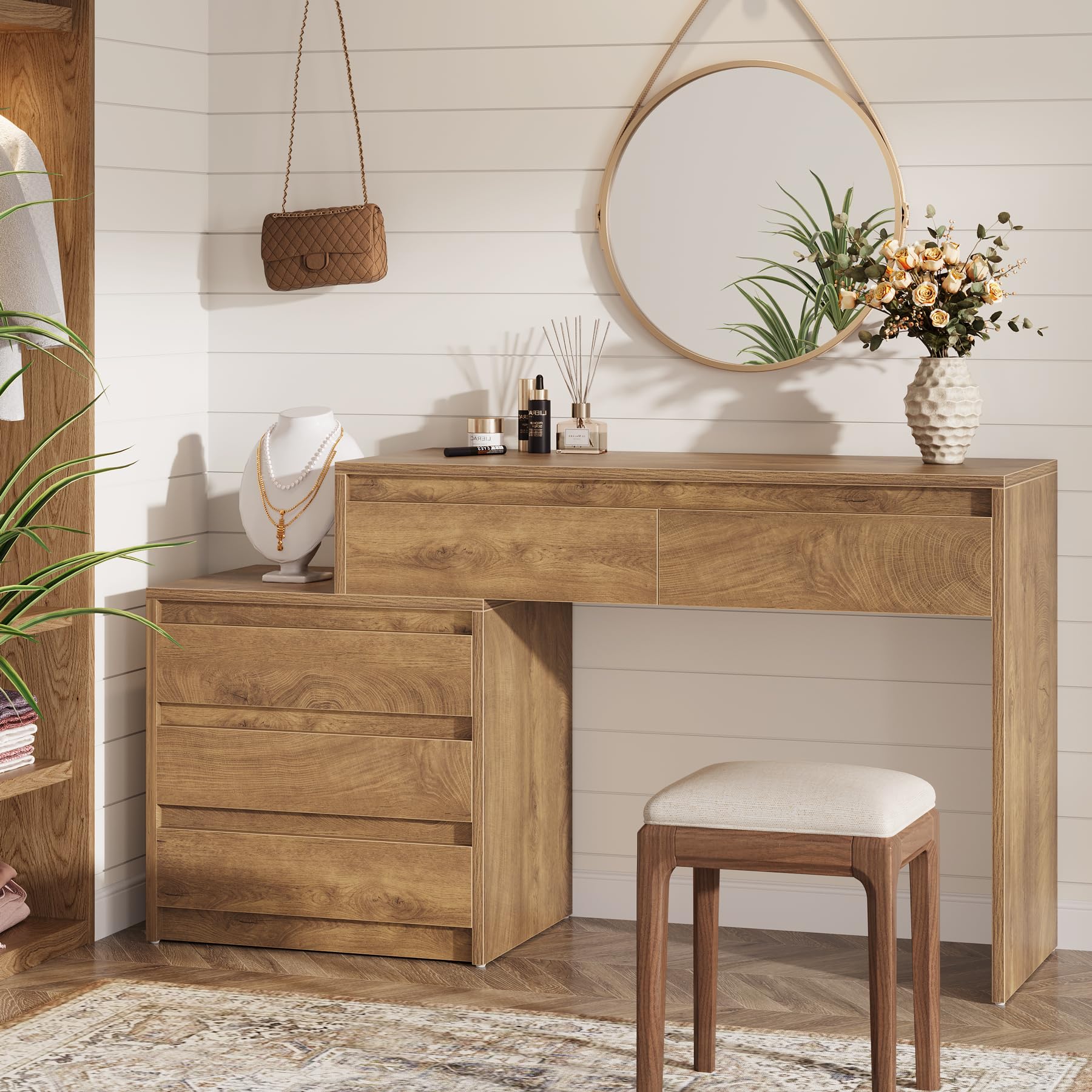 Tribesigns 63" Vanity Desk with 5 Drawers for Bedroom, Makeup Table with Movable 3-Drawer Chest Cabinet & Storage, Modern Large Dressing Table for Women Girl, Make up Desk for Bedroom