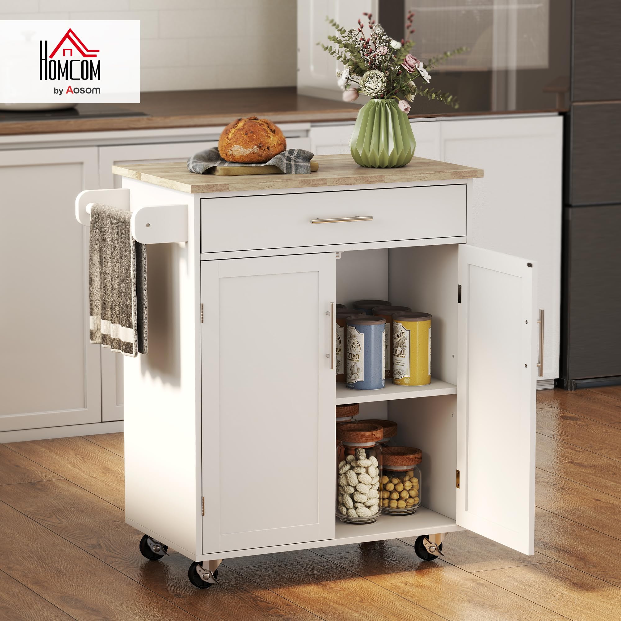 Rolling Kitchen Island Cart with Drawer & Storage Cabinet