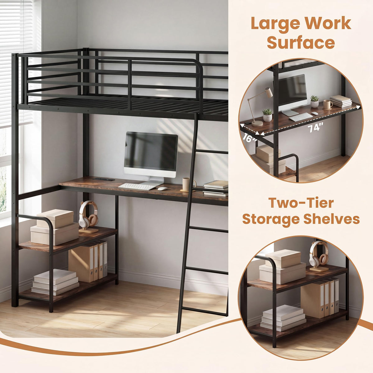 GIANTEX Twin Loft Bed with Desk & Charging Station, Industrial Metal Bed Frame w/Inclined Ladder, Safety Guardrail & Storage Shelves for Kids, Teens, Bedroom, Dorm, Space-Saving, No Box Spring Needed
