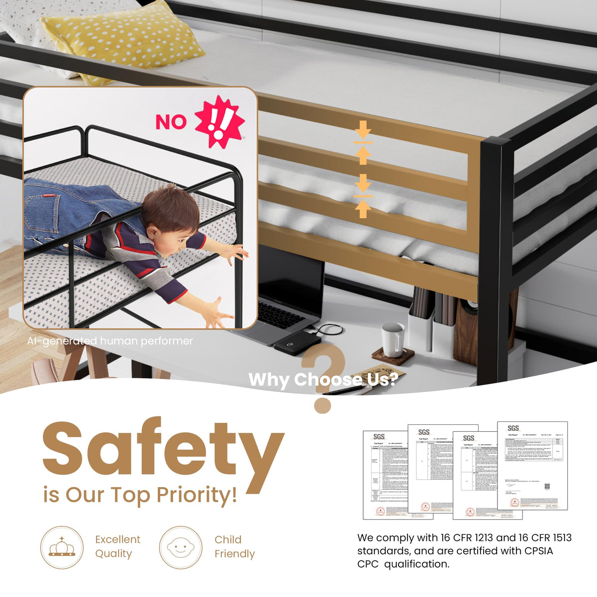 SHA CERLIN Loft Bed Twin Size with Ladder and Guardrail,Black