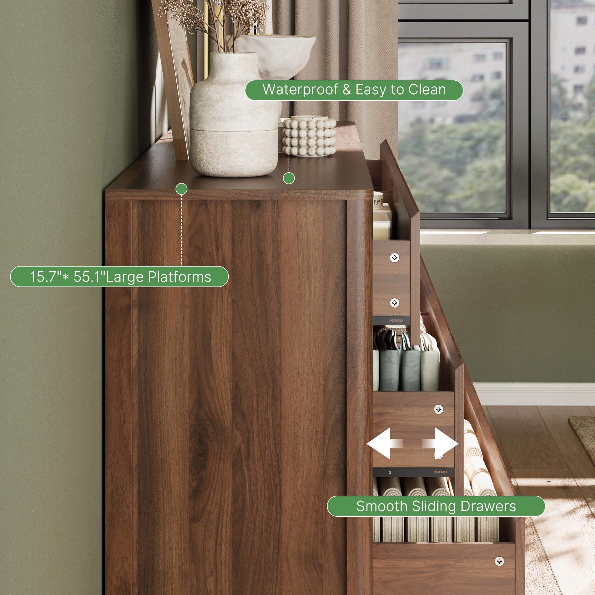 MAISONARIA Walnut 3-Piece Dresser Bedroom Set, 6 Drawers Dresser & 2 Drawer Nightstands with Hidden Handles, Wood Chest of Drawers for Bedroom, Living Room, Entryway