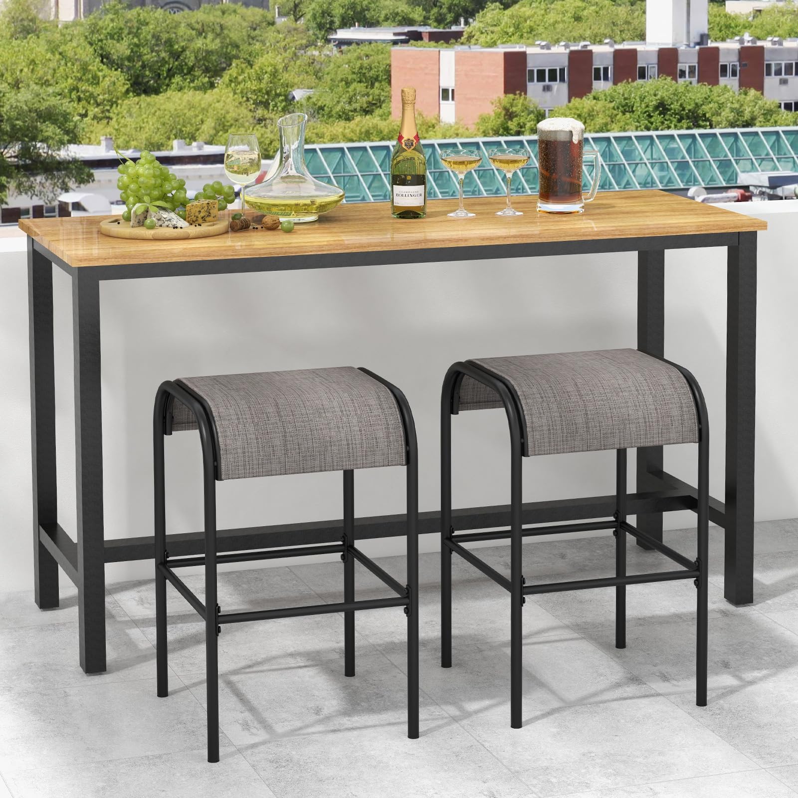 Outdoor Bar Stools with Breathable Fabric Seat & Metal Frame