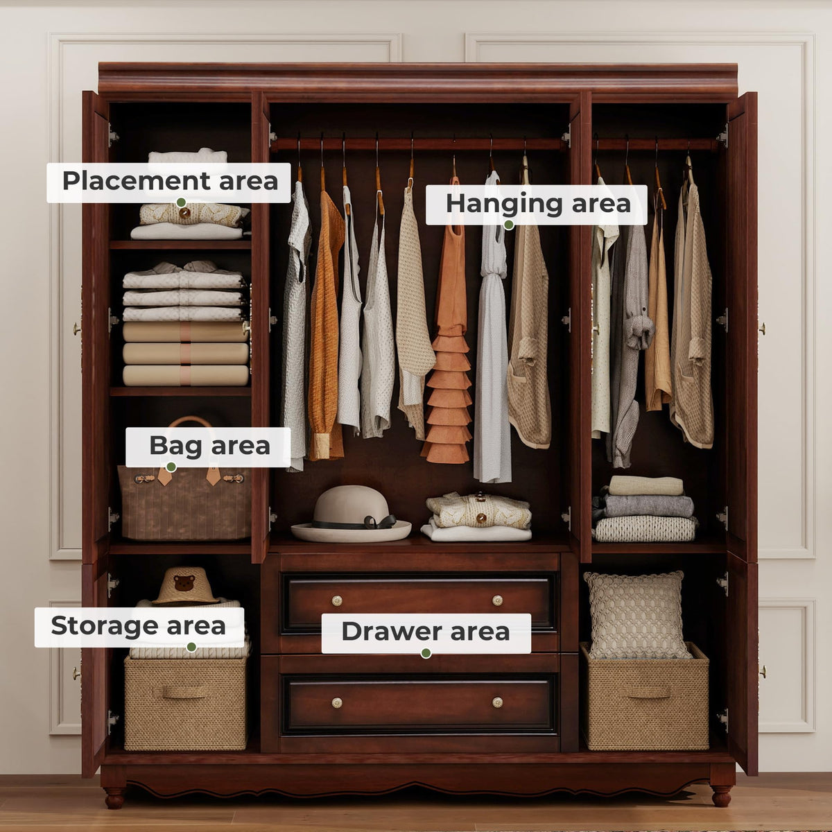 TemkTuek Solid Wood Armoire:Wardrobe Closet with Drawers and Hanging Rod