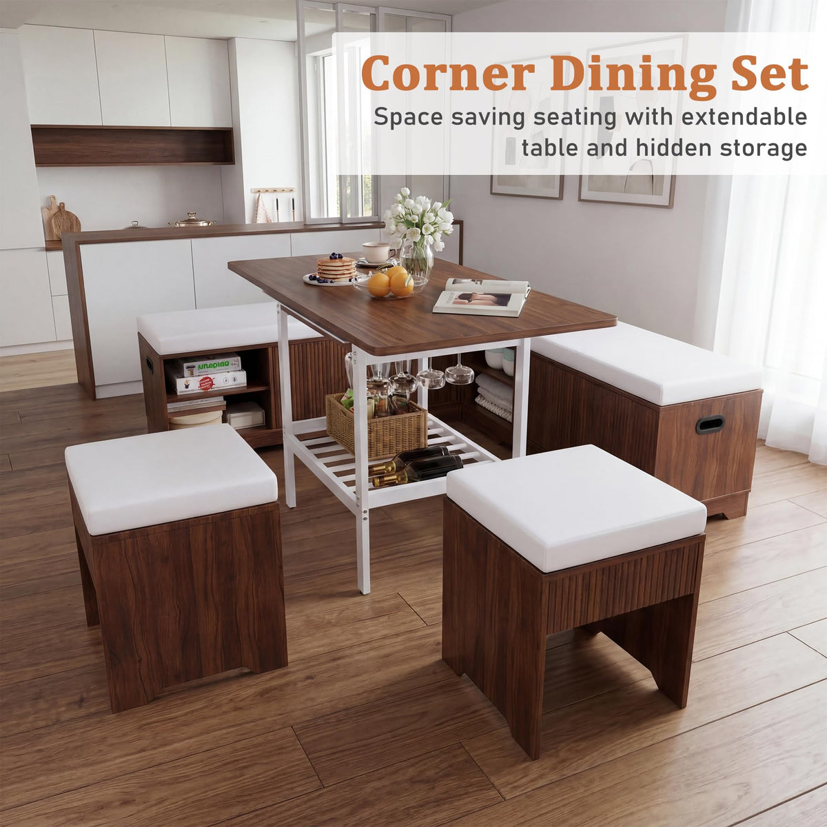 Extendable Breakfast Nook Set with Storage Bench, 6-Piece Corner Dining Set