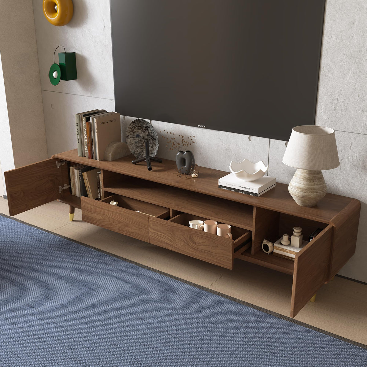 86.61" TV Stand for 85" TV, Media Console with Storage Drawers, Walnut