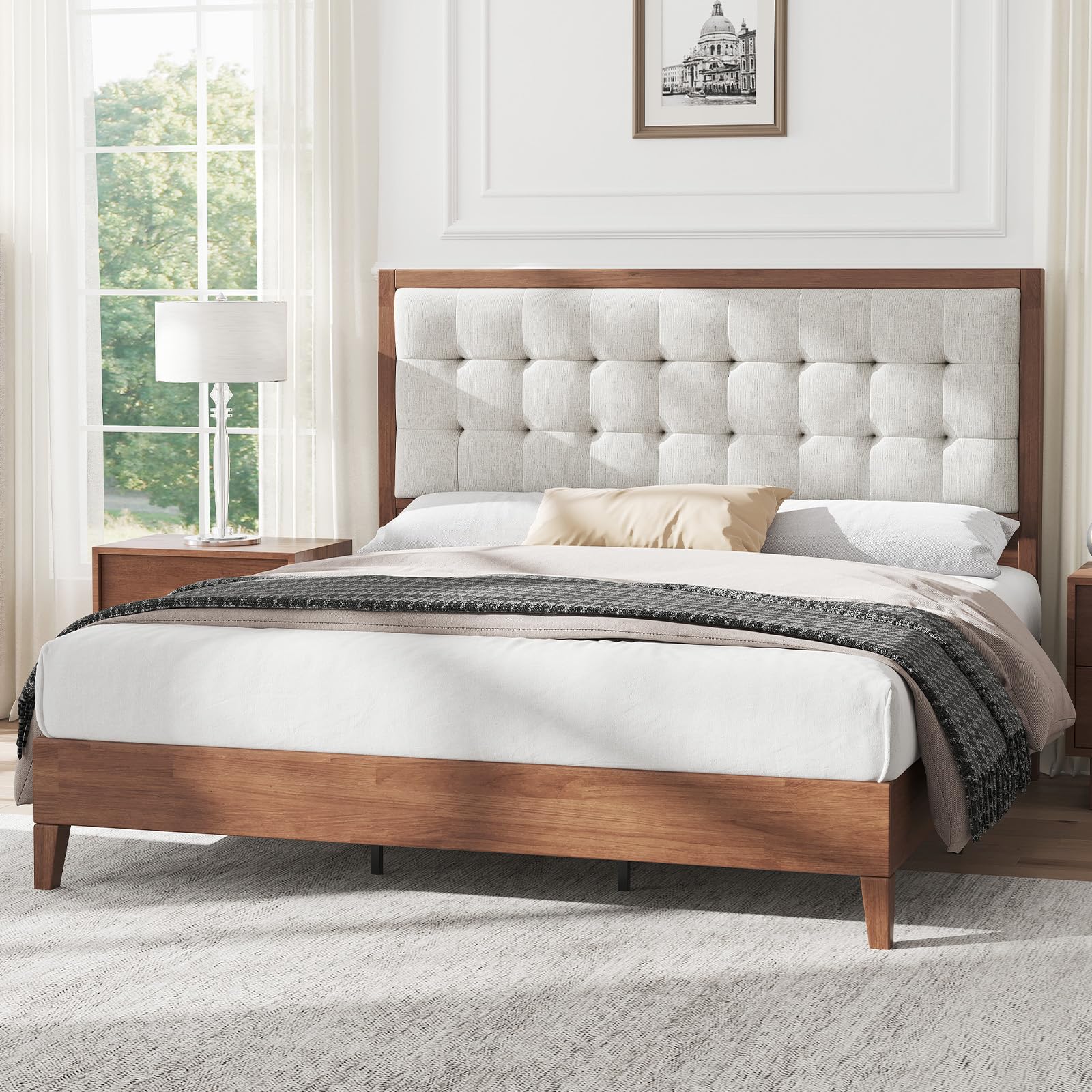 Platform Bed Frame with Tufted Headboard