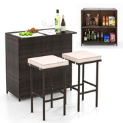 3-Piece Patio Bar Set with PE Rattan, Tempered Glass & Cushioned Stools