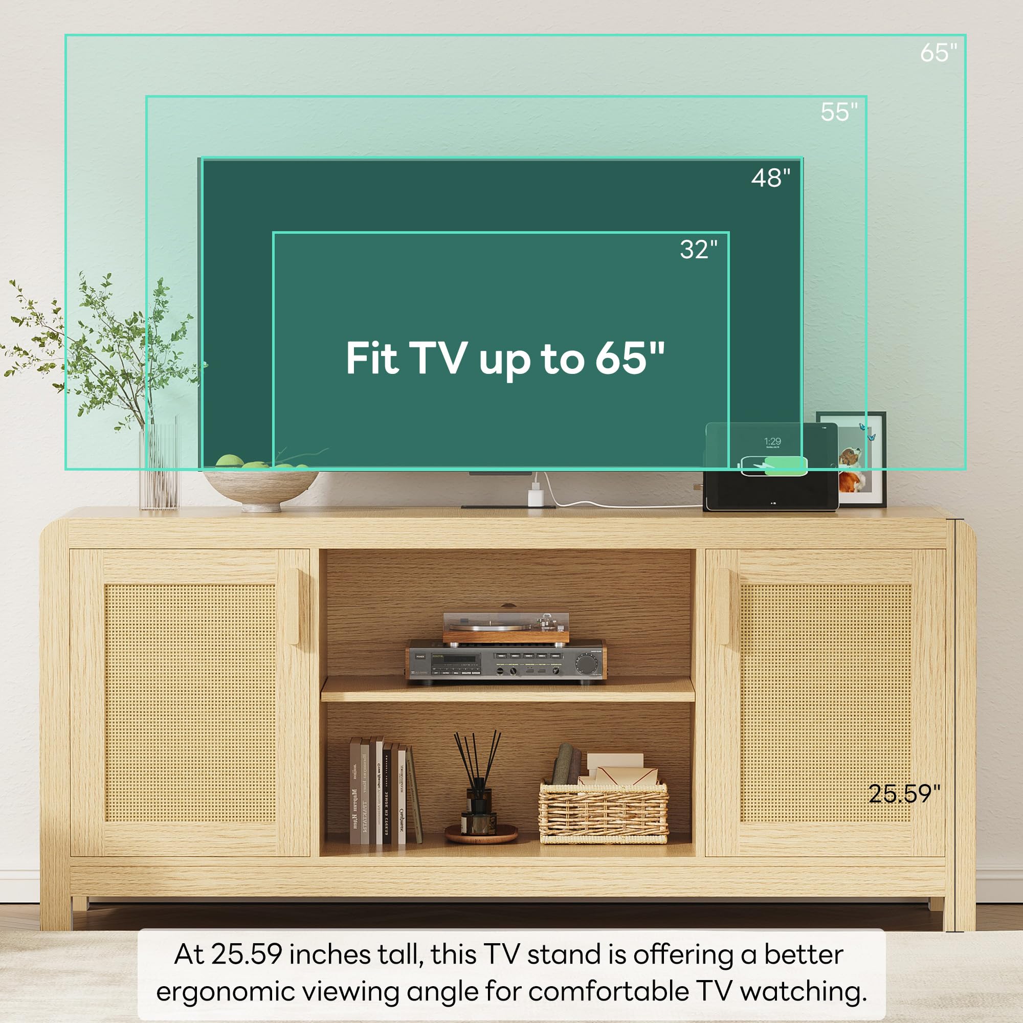 TV Stand with Power Outlet & Rattan Doors – Fits TVs up to 65"
