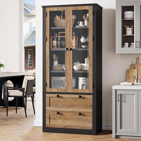 Tall Kitchen Pantry Cabinet with Glass Doors & Drawers