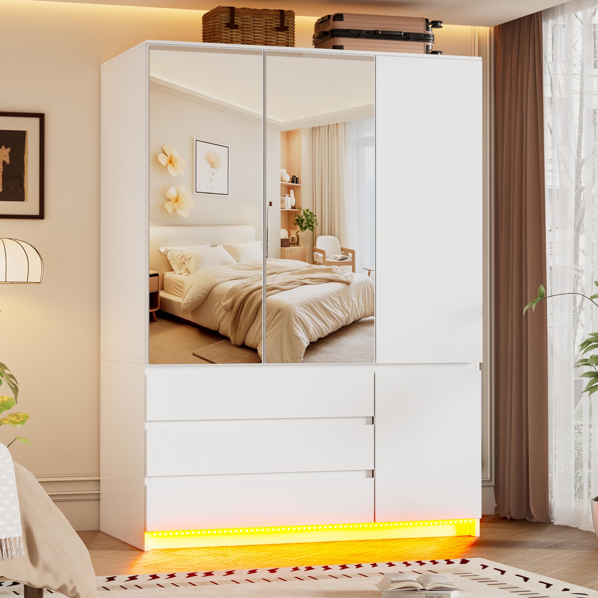 PAKASEPT 3 Doors Armoire Wardrobe Closet with Mirror & Lights, 72.83" H Wooden Bedroom Armoires with 3 Drawers, Hanging Rod & Shelves, Clothing Storage Cabinet for Bedroom