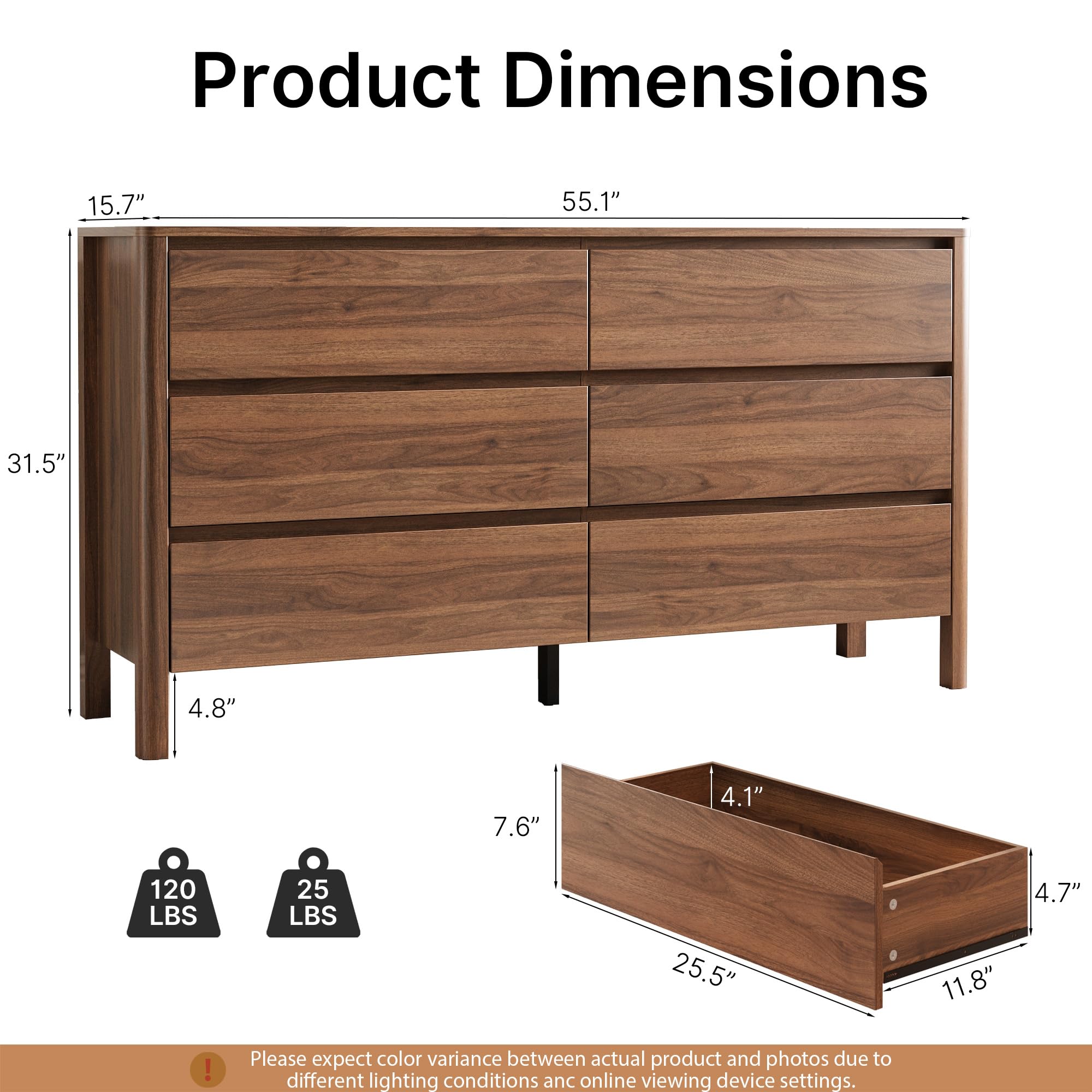 MAISONARIA Walnut 3-Piece Dresser Bedroom Set, 6 Drawers Dresser & 2 Drawer Nightstands with Hidden Handles, Wood Chest of Drawers for Bedroom, Living Room, Entryway
