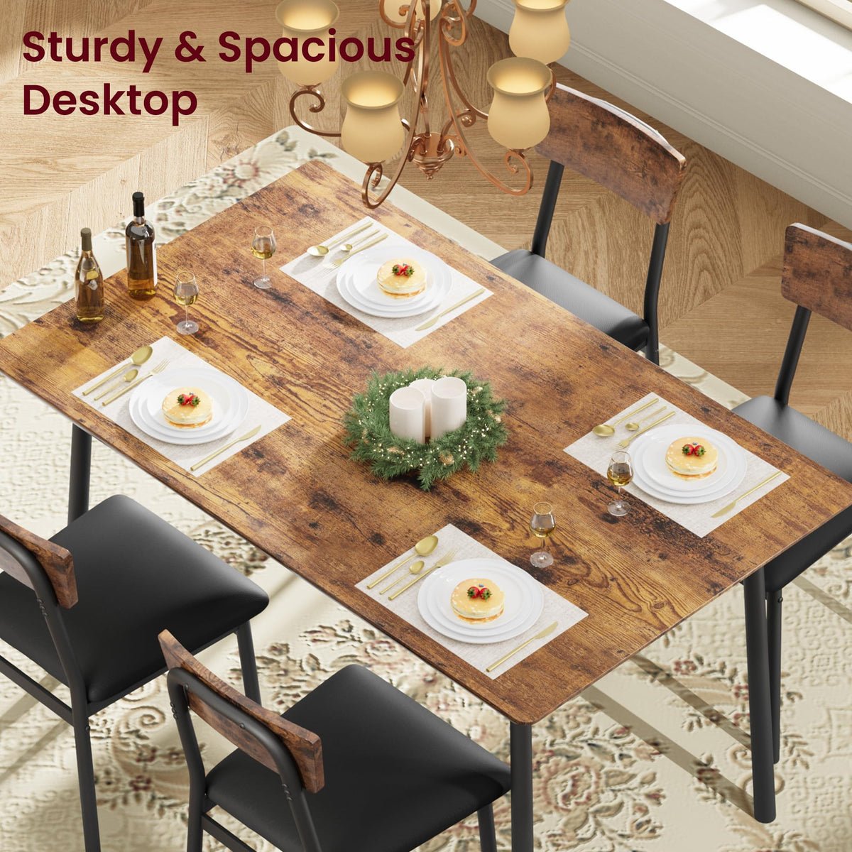Garvee Dining Table Set for 4 with 4 Upholstered Chairs, Wood Kitchen Table Chairs Set of 4 w/Beveled Edge Design, Dining Room Table Set for 4 for Dining, Small Space, Apartmen,Rustic Brown