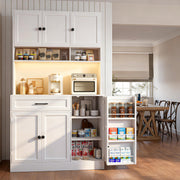 FJTJBSI 72" Kitchen Pantry Cabinet with LED Light and Charging Station Tall Pantry Storage Cabinet with Adjustable Shelves and Door Shelves Modern Kitchen Hutch with Microwave Stand and Countertop