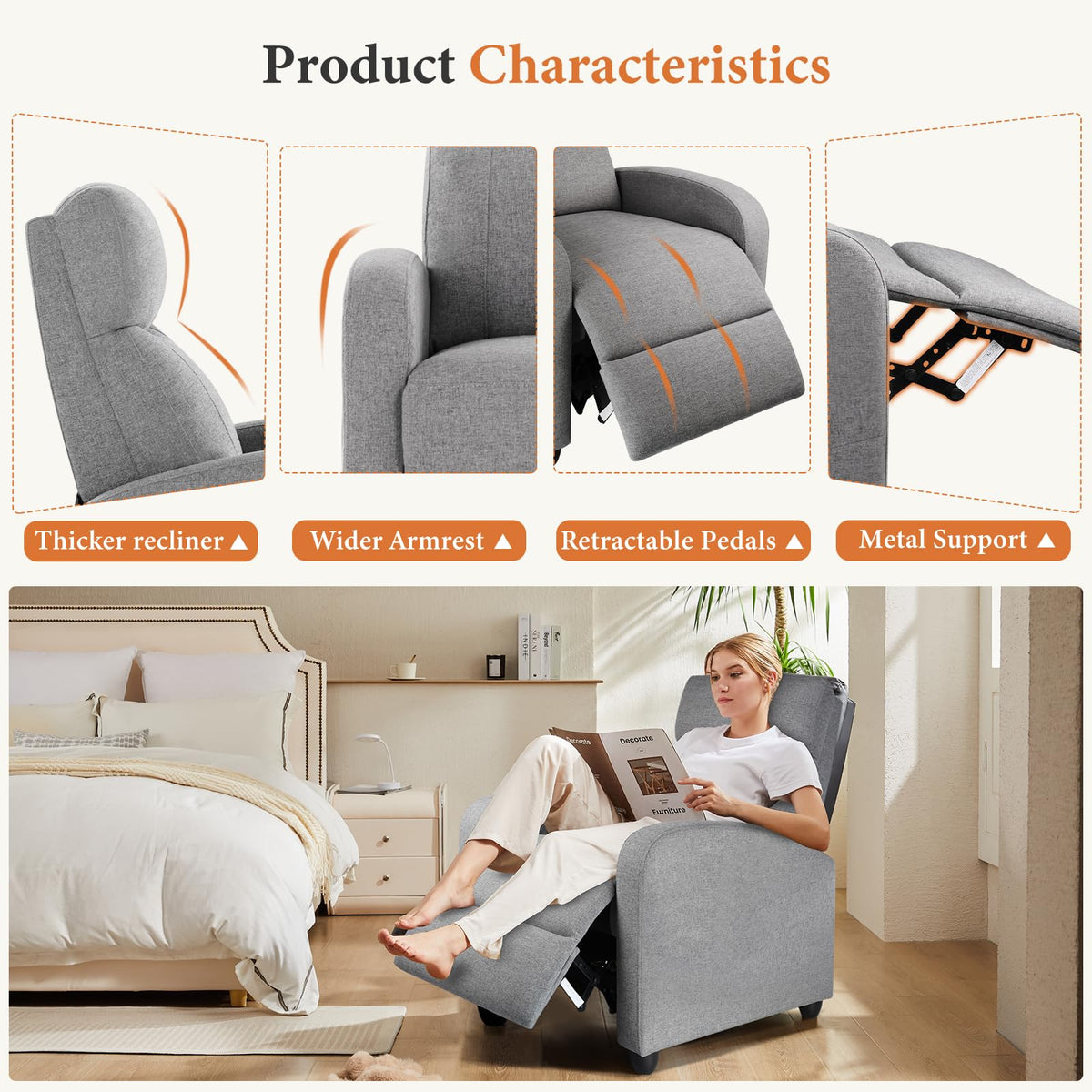 Grey Fabric Recliner Chair