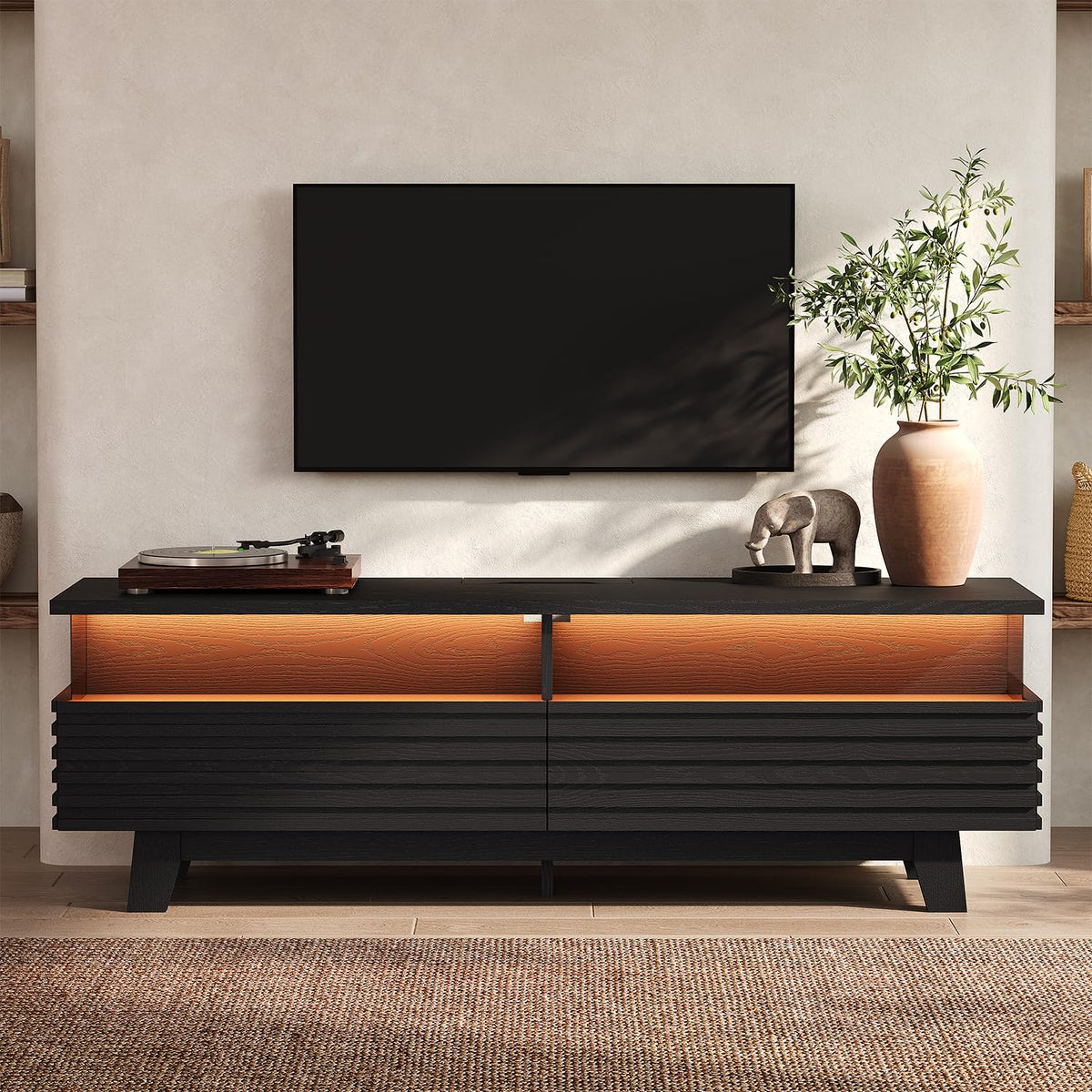 HAUOMS TV Stand with Cable Management, LED, Power Station (Black, 59")