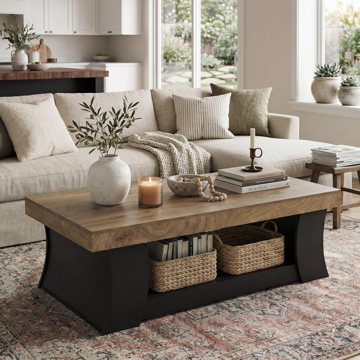 LITTLE TREE 55" Coffee Table, Living Room Table with Storage Shelf, Wooden Coffee Table, Modern Farmhouse Rectangle Center Table for Living Room, Bedroom, Office, Rustic Brown+Black