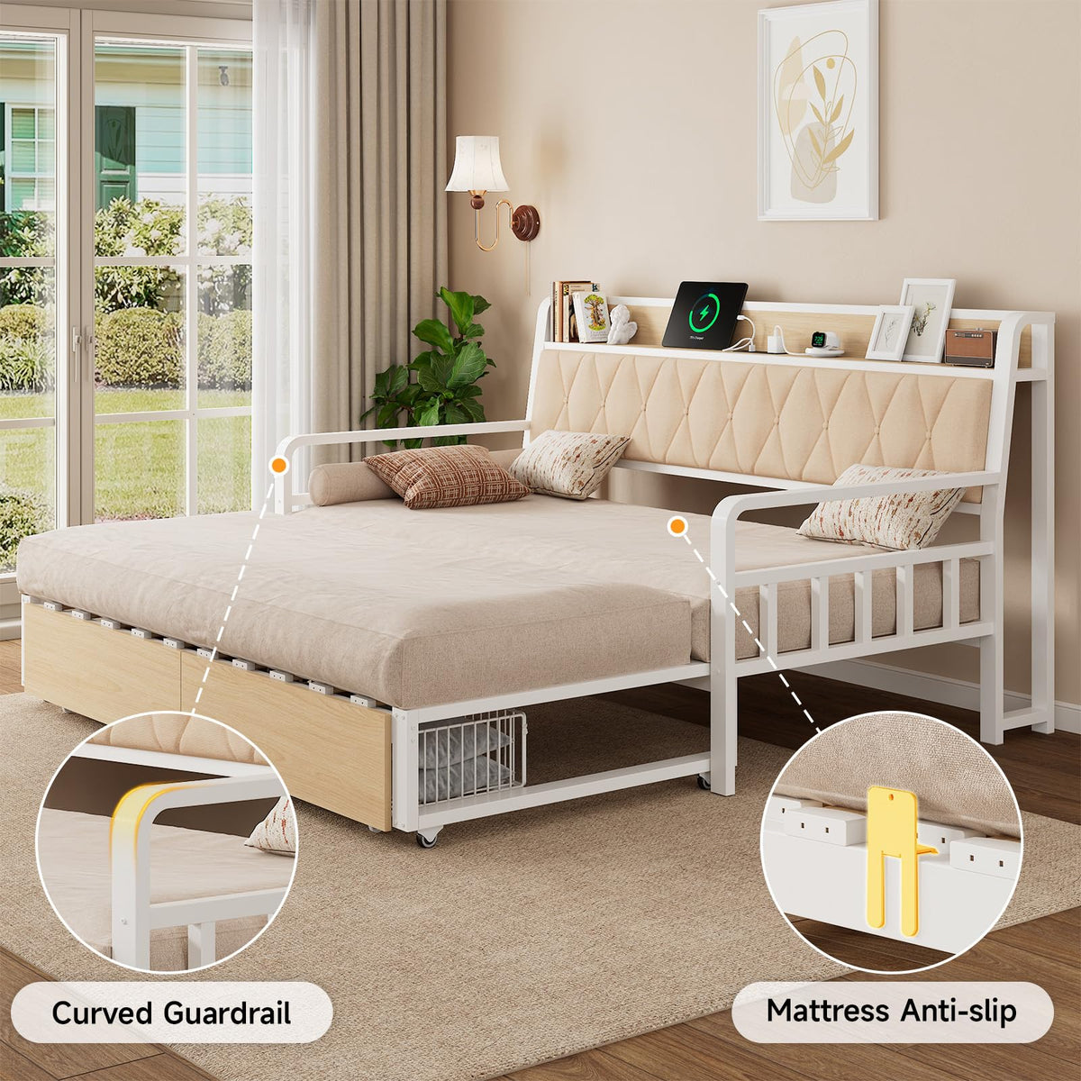 ComfyCorner Twin to King Daybed, Convertible Sofa Bed with Trundle, White