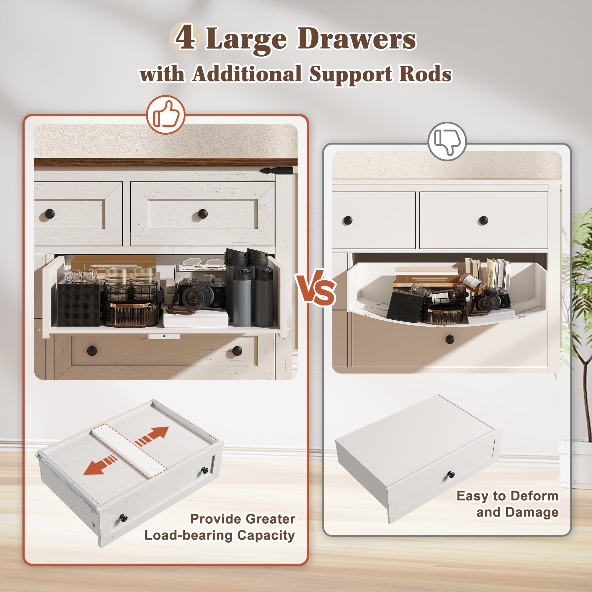 EnHomee Dresser for Bedroom with 7 Drawers White Dresser with Smooth Metal Rail TV Stand for Bedroom, Hallway, 15" D x 51.2" W x 31.5" H, Antique White