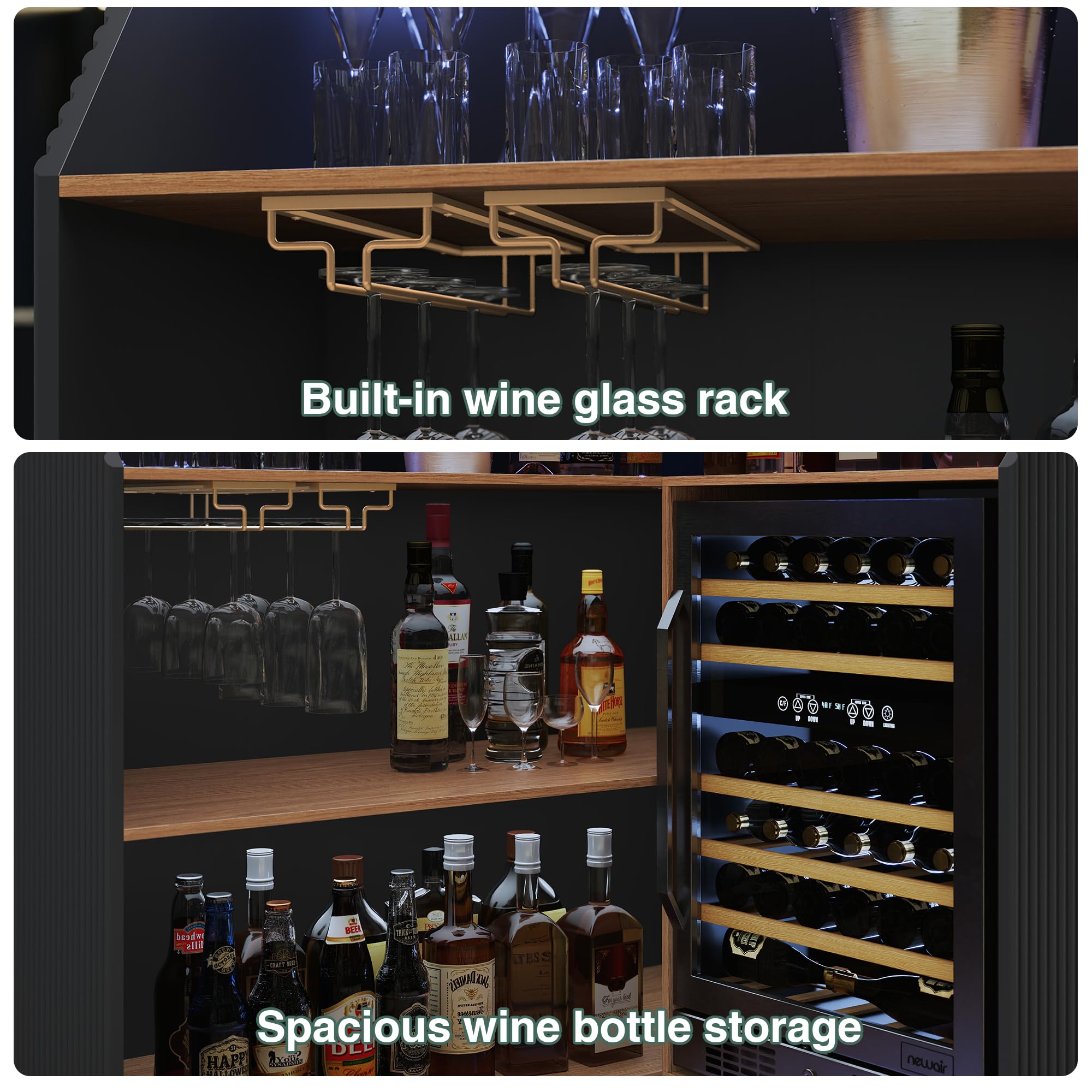 ARTPOWER L Shaped Home Bar Cabinet with Fridge Space, Oversized Modern Basement Coffee Bar Table with LED Strip, Fluted 4-Tier Corner Wine Cabinet with Stemware Racks for Dining Living Room, Black