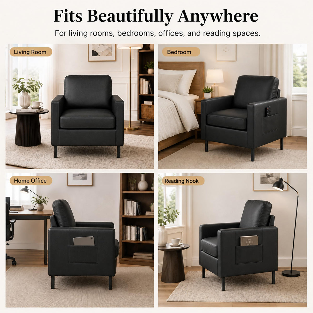 Black Faux Leather Accent Chairs Set of 2 with Arms, Waiting Room, Modern