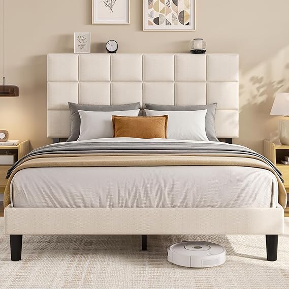 Platform Bed Frame with Adjustable Upholstered Headboard