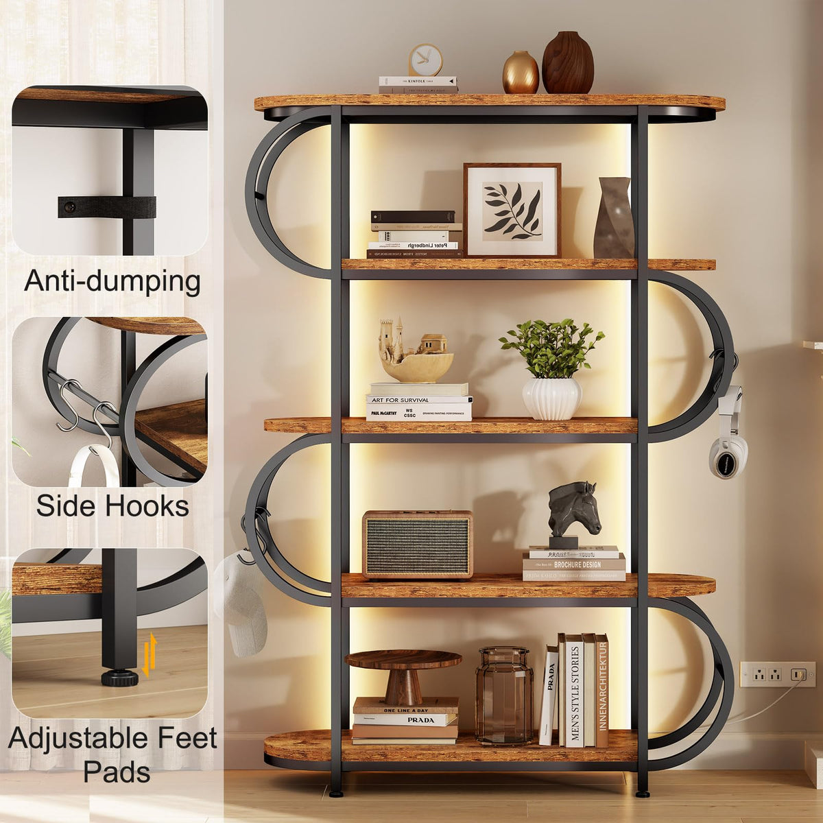 5-Tier LED Bookshelf with Hooks