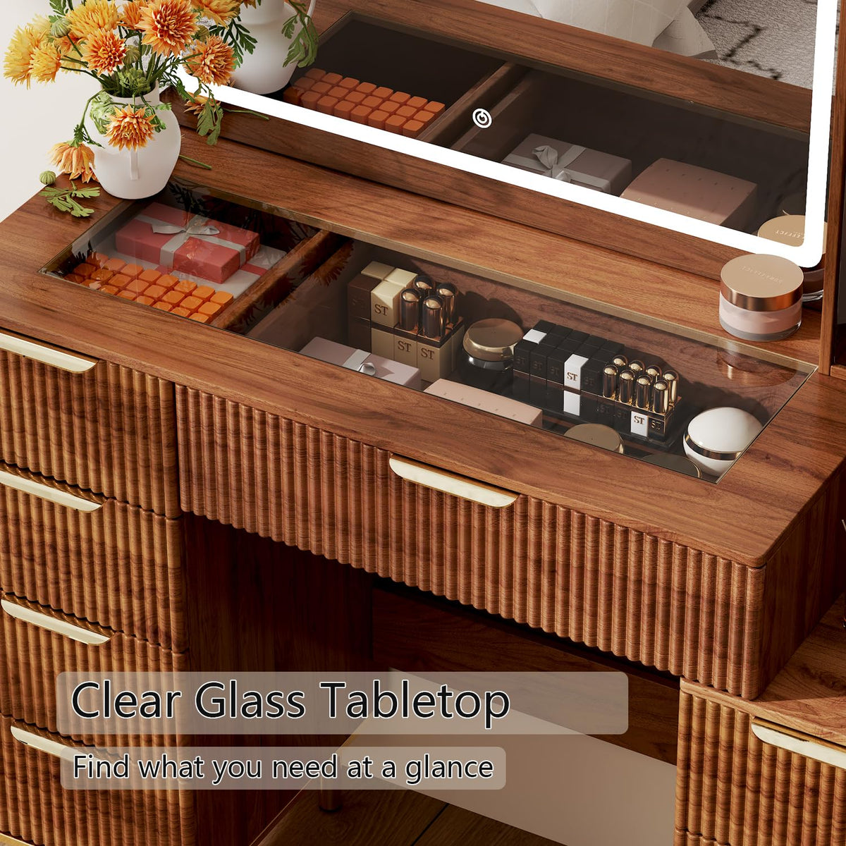 8-Drawer Vanity Desk with LED Mirror
