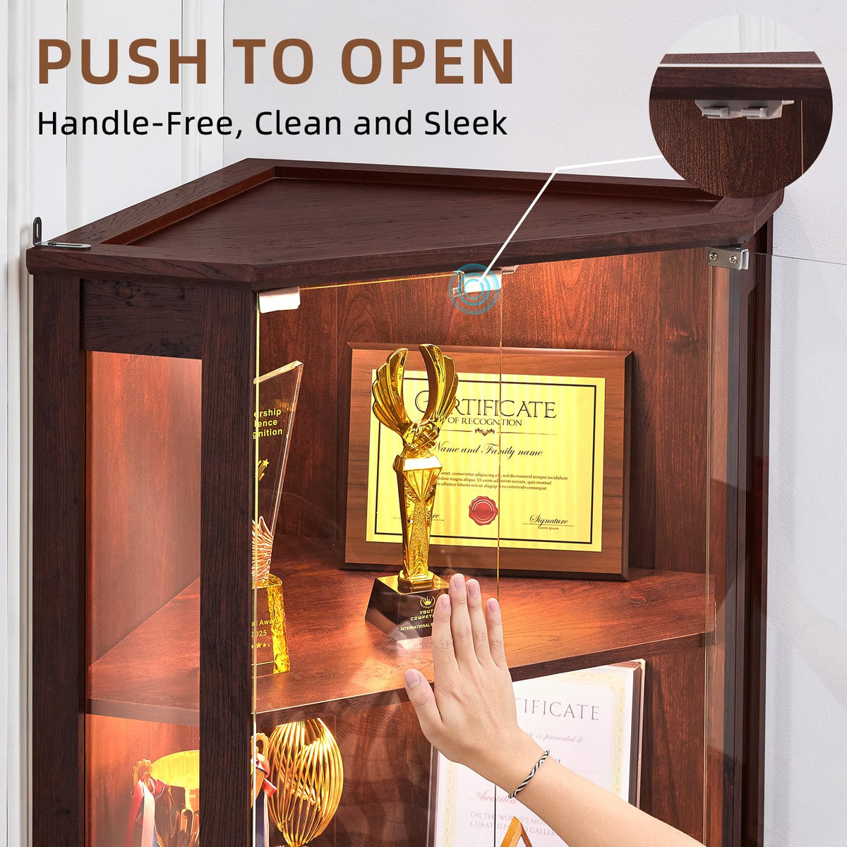 LELELINKY Farmhouse Corner Curio Cabinet with Lock, Walnut