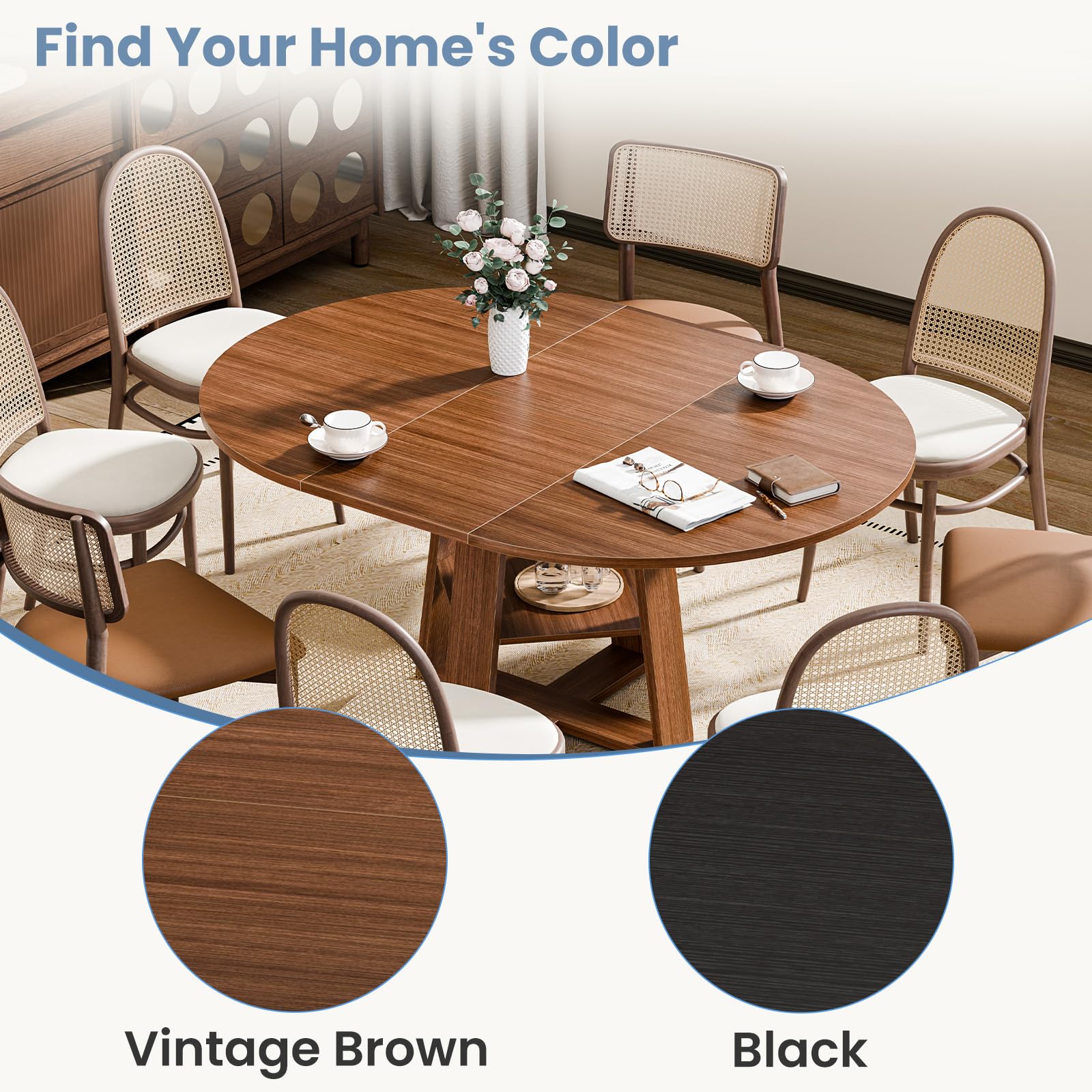 DUMOS Extendable Round Dining Table for 4-8, Modern Kitchen Oval Dinner Table with Storage Shelf, Wood Pedestal Table, Space Saving Modern Style, Brown