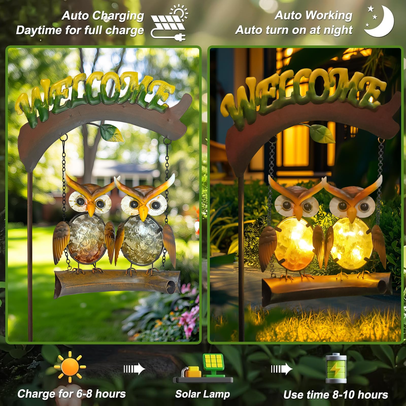Solar Owl Swing Garden Stake Light with Welcome Sign