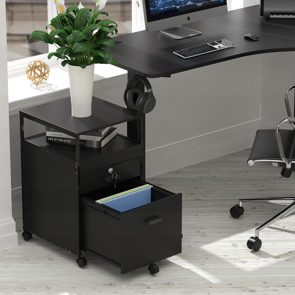 SHW Box File Rolling Mobile Cabinet with Lockable Drawer, Black