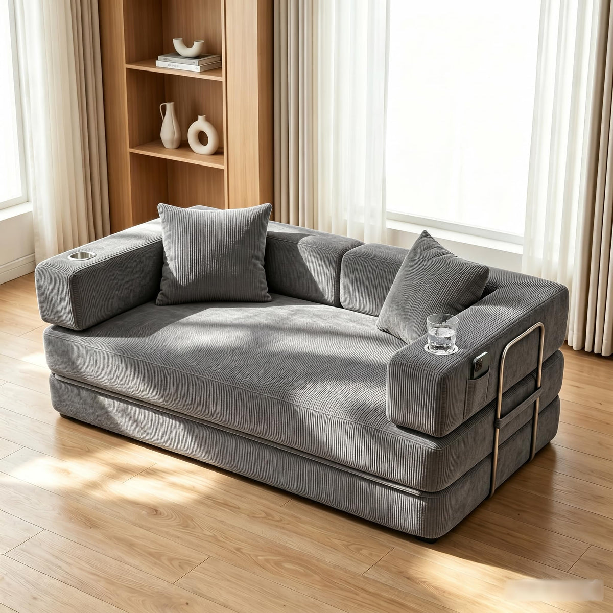 Convertible Sofa Bed, Boneless Couch with Cup Holders for Living Room