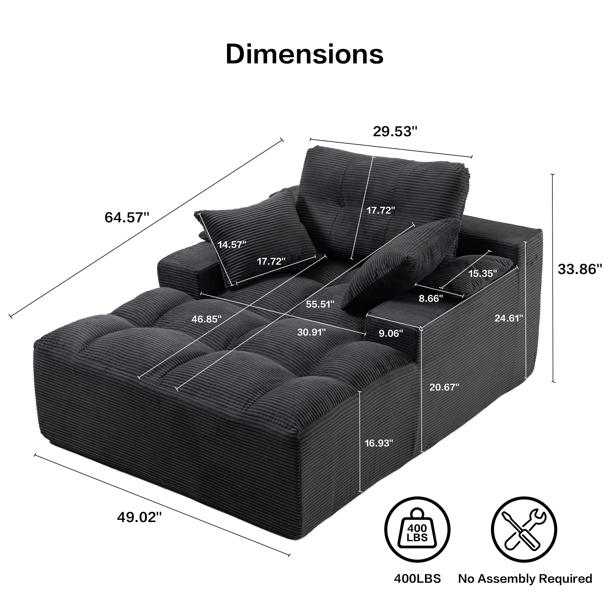spanspace Oversized Chaise Lounge Chair Indoor, Plush Sleeper Sofa Couch Reading Chairs with Throw Pillows and Removable Armrest Pads for Living Room, No Assembly Required