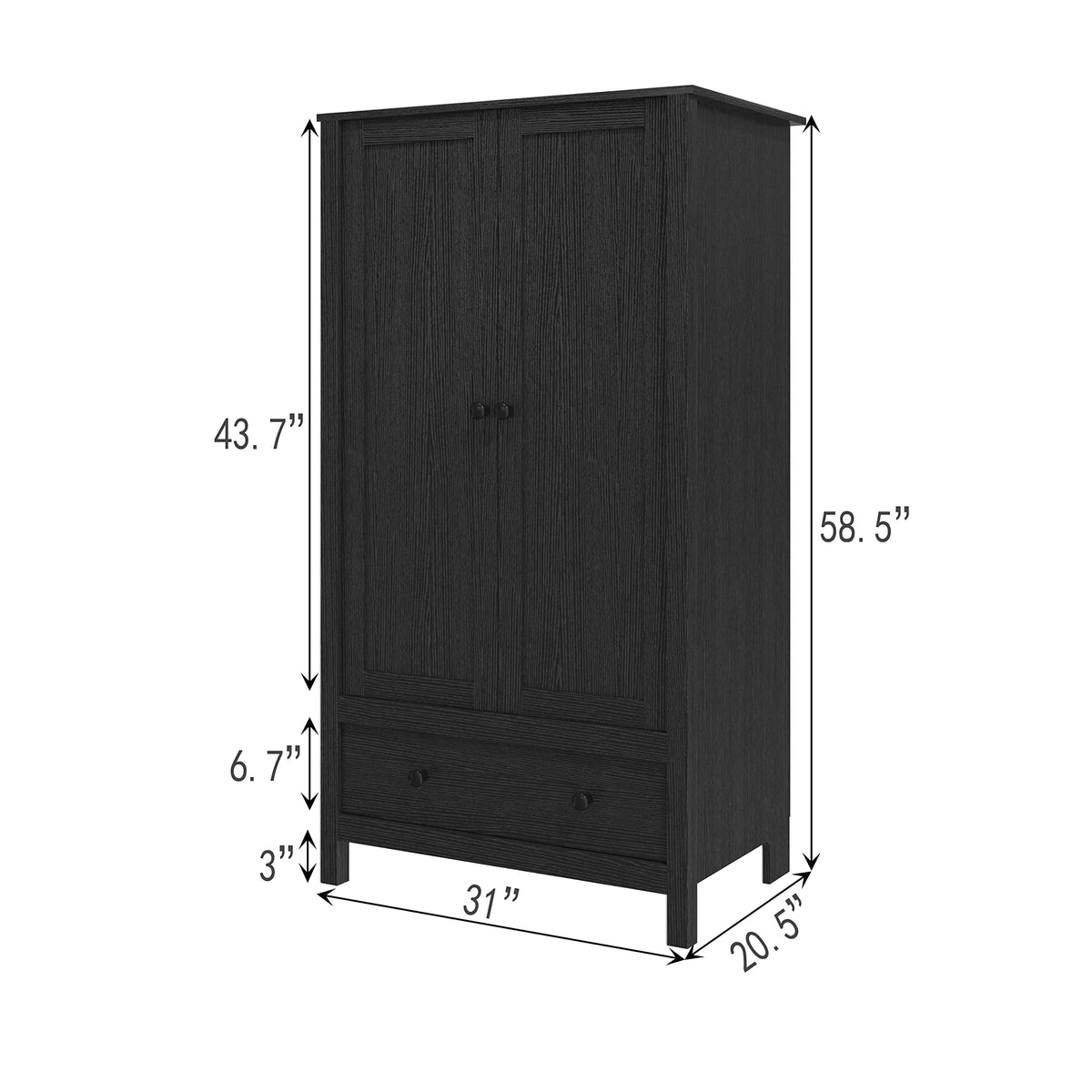 Panana 2 Door Wardrobe, Armoire with Drawer for Bedroom (Black)