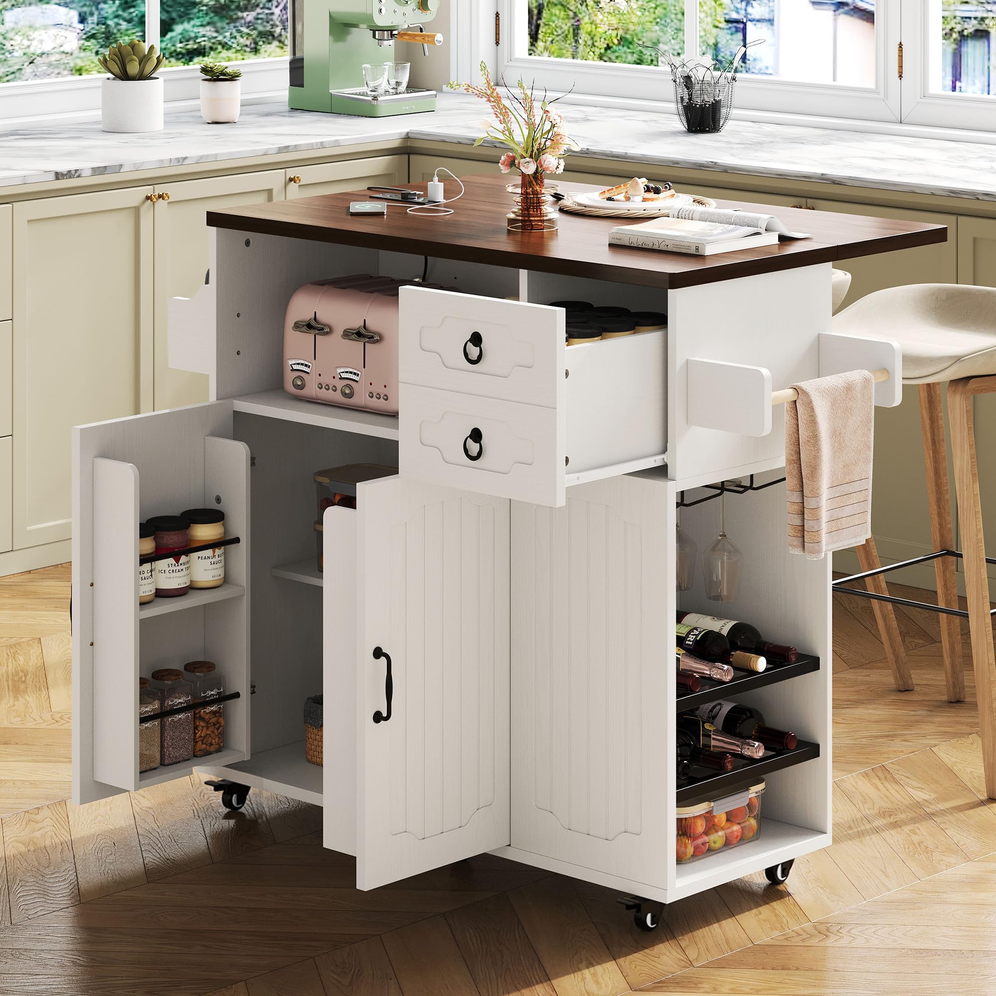 LIKIMIO 51" Mobile Kitchen Island with Drop Leaf & Power Outlet, Kitchen Rolling Island with Storage Cabinets & Drawers, Kitchen Island Cart with Glass Holder & Wine Rack for Dining Room, White